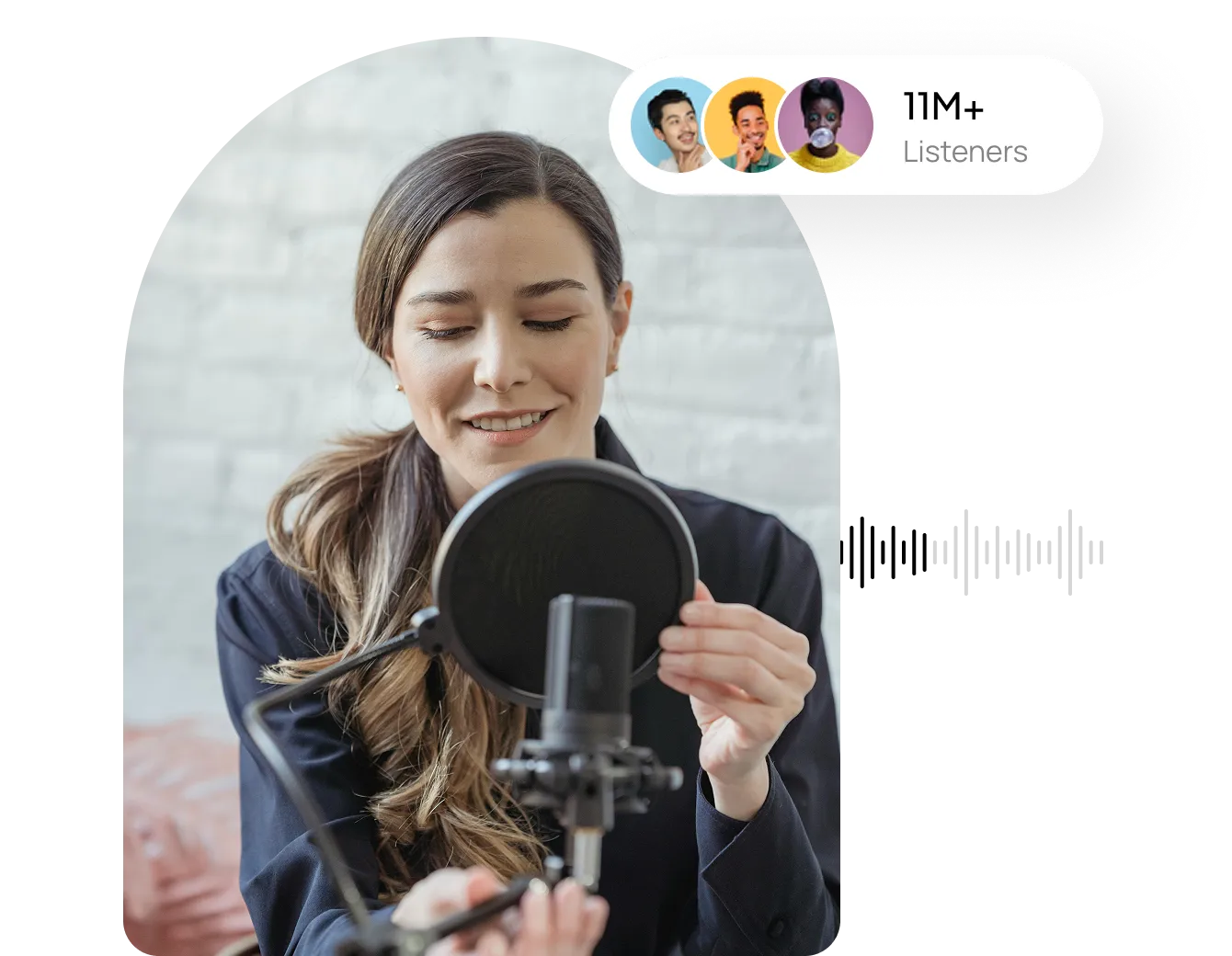 Young woman adjusting a pop filter on a microphone in a recording setup.