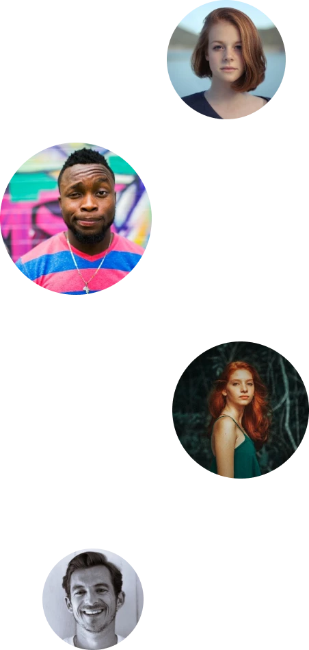 Collage of four diverse individuals: a red-haired young woman, a man in colorful striped shirt with graffiti background, a red-haired woman with green dress in dark forest, and a smiling man in black and white.
