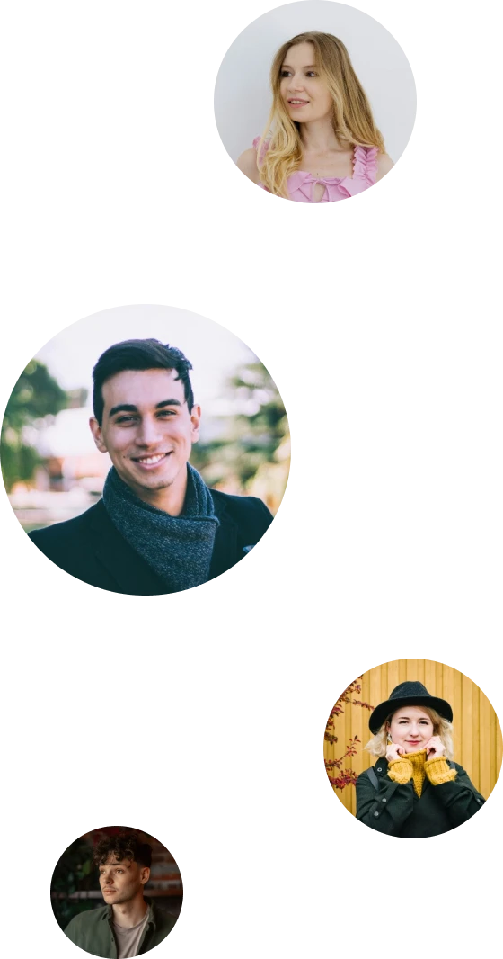 Collage of four people in circular frames: a smiling young woman with long blonde hair in a pink top, a smiling young man with dark hair and a scarf outdoors, a woman with blonde hair wearing a black hat and yellow gloves in front of a wooden background, and a man with curly hair in an indoor setting.