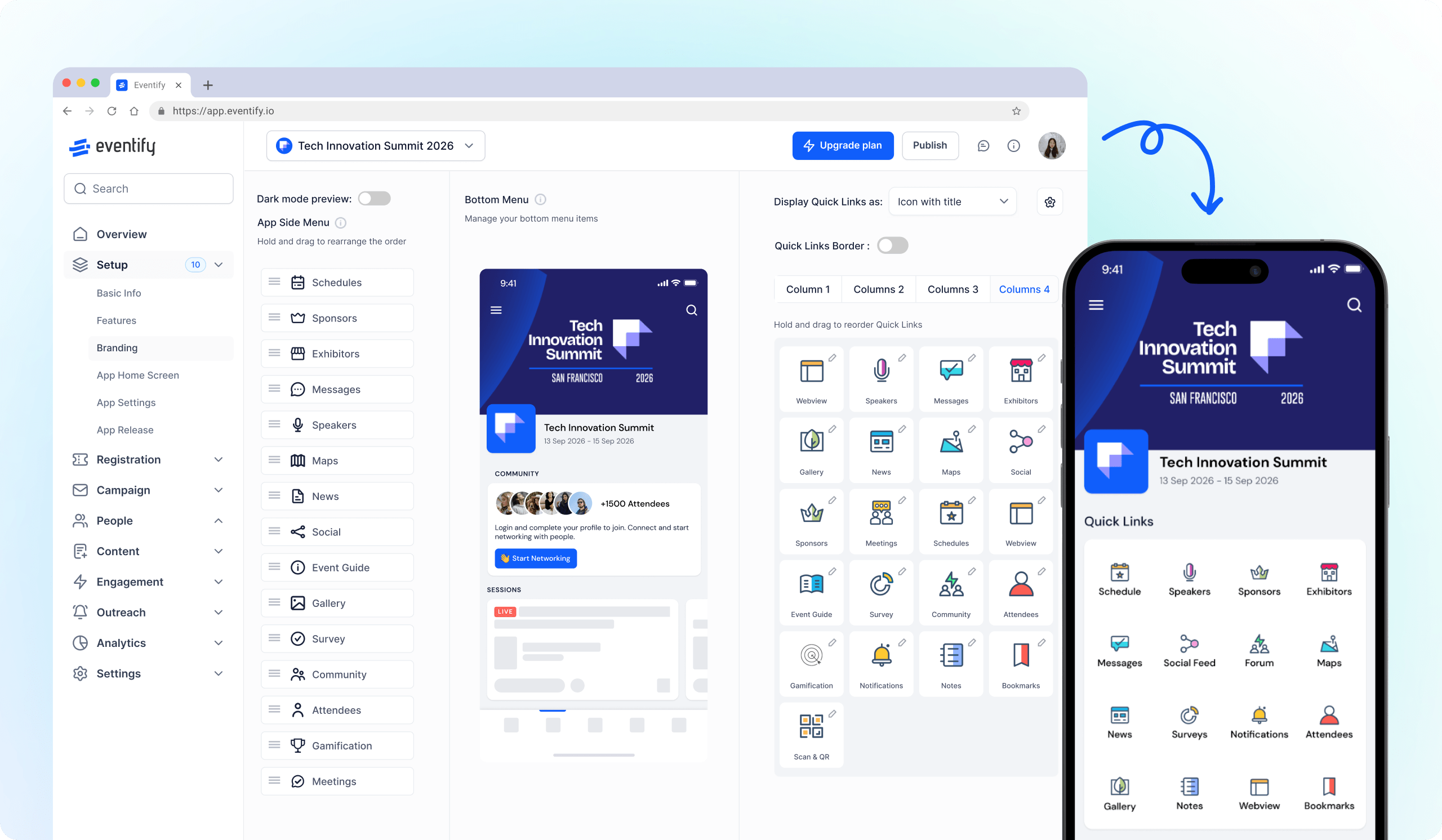 HOST web dashboard showing setup menu options and customization of quick links for Tech Innovation Summit 2026 with preview of mobile app interface.