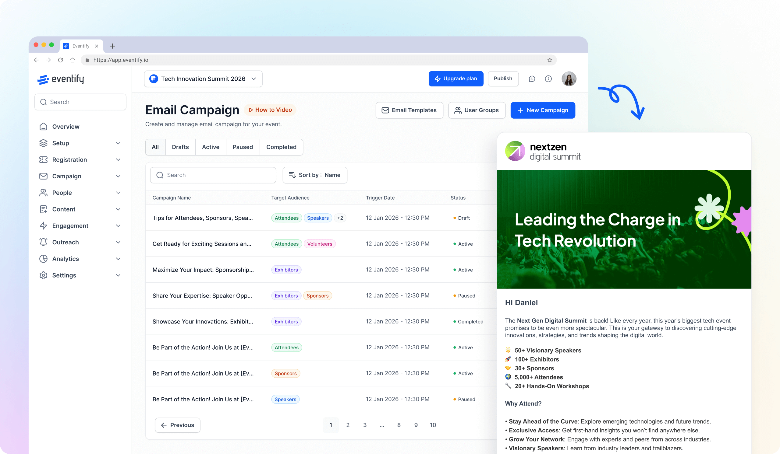 HOST dashboard showing email campaign management with two inactive campaigns listed and navigation menu on the left.