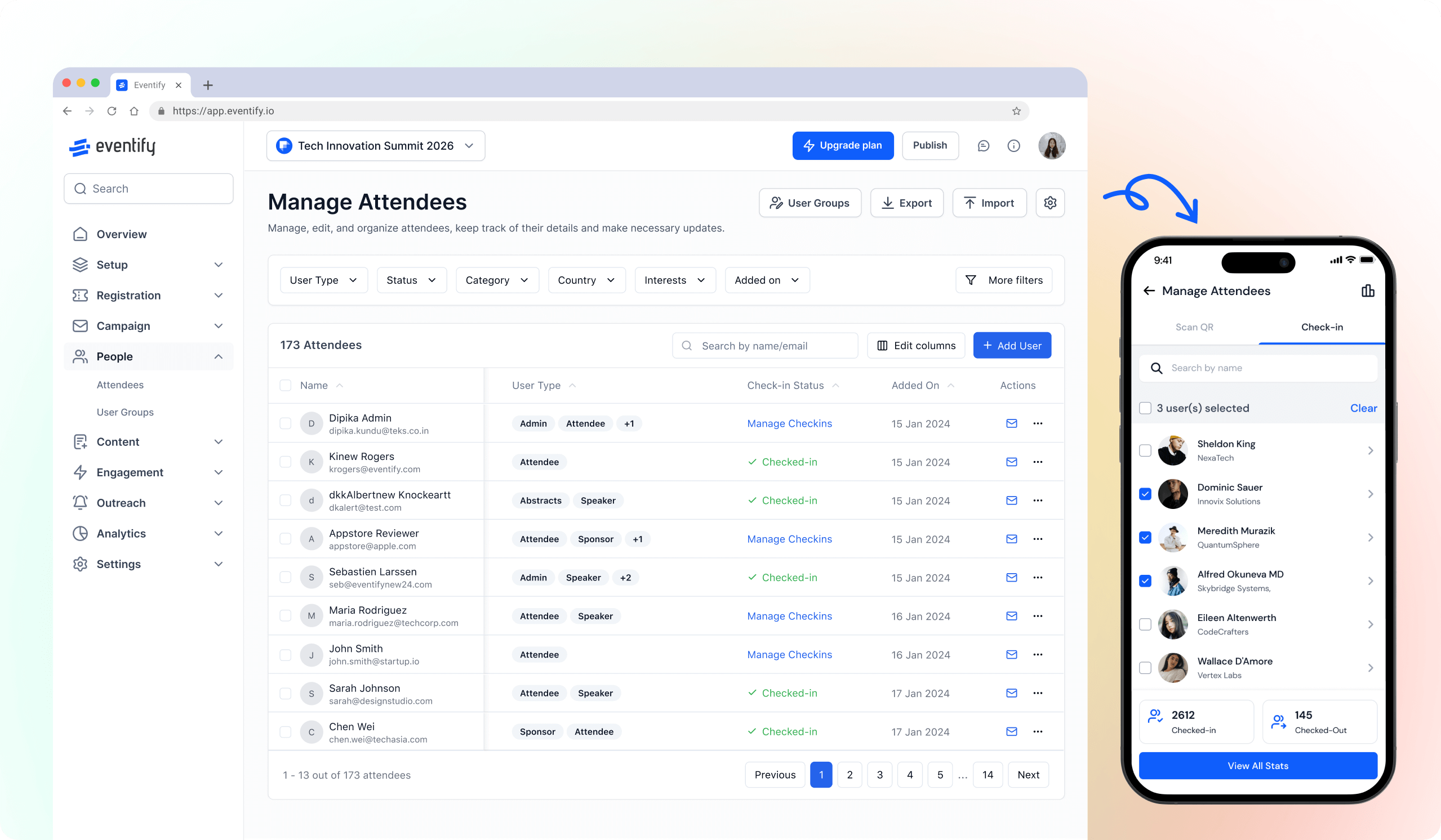 Desktop and mobile views of HOST Manage Attendees dashboard showing attendee details, user types, check-in status, and filtering options.