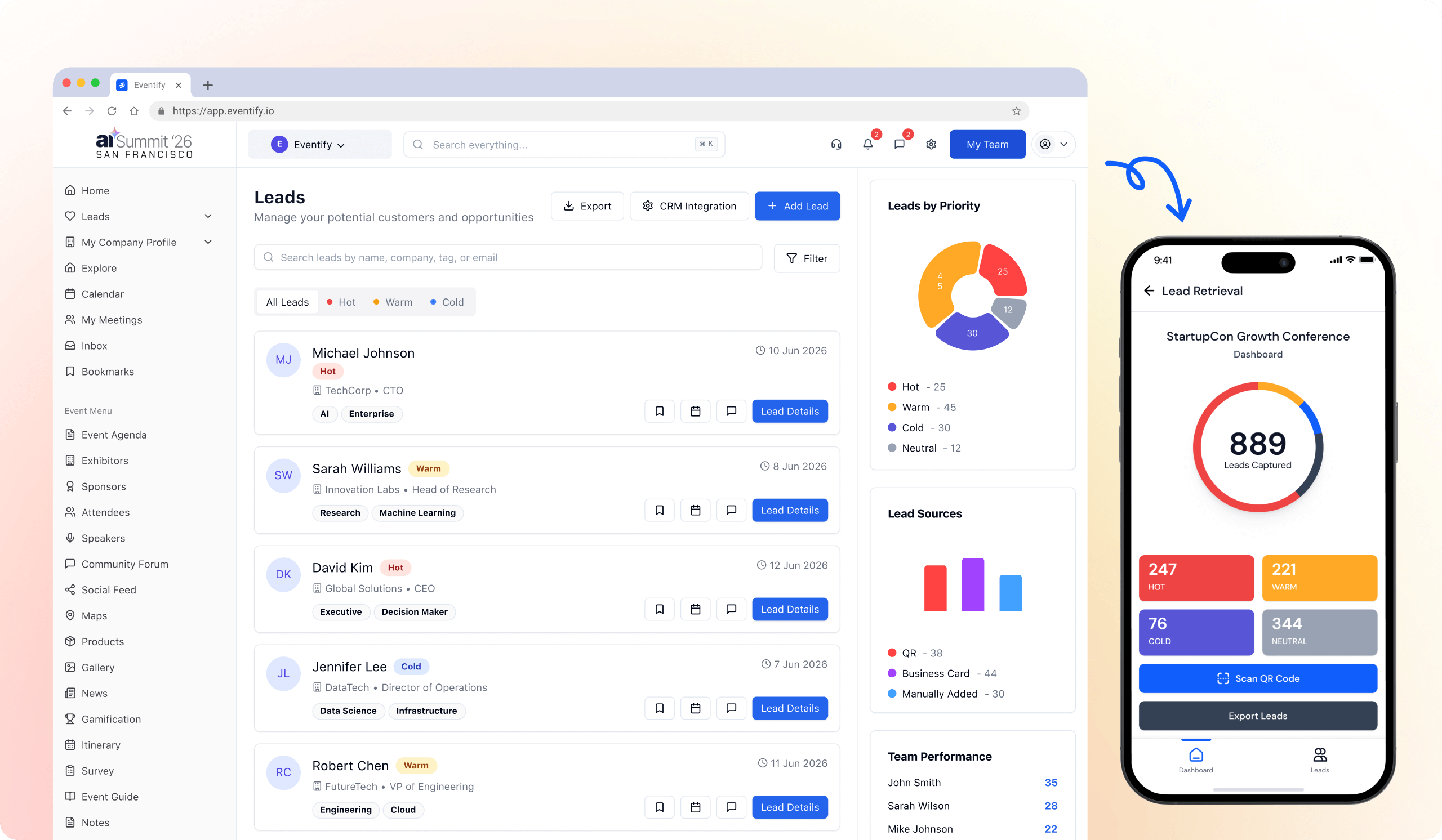 Screenshot of a lead management dashboard on desktop and mobile showing lead details, priority pie chart, lead sources, and team performance.
