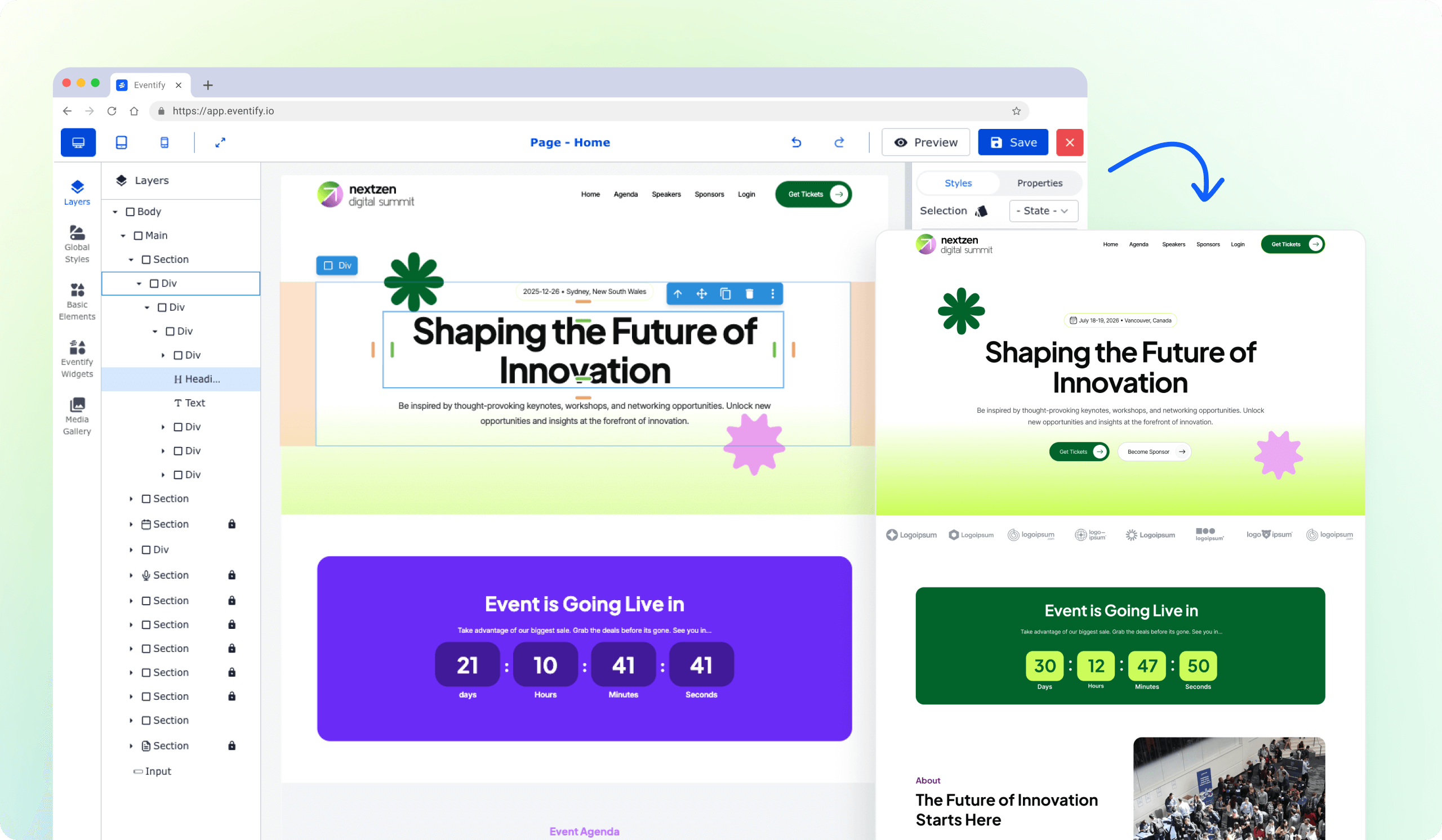 Screenshot of an event website builder interface showing editing layers and a preview of a digital summit page titled 'Shaping the Future of Innovation' with event countdown timers.